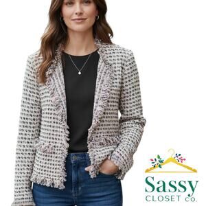 Chico’s Tweed Plaid Fringe Jacket White Black Tan Size 0 (US Small 4–6)